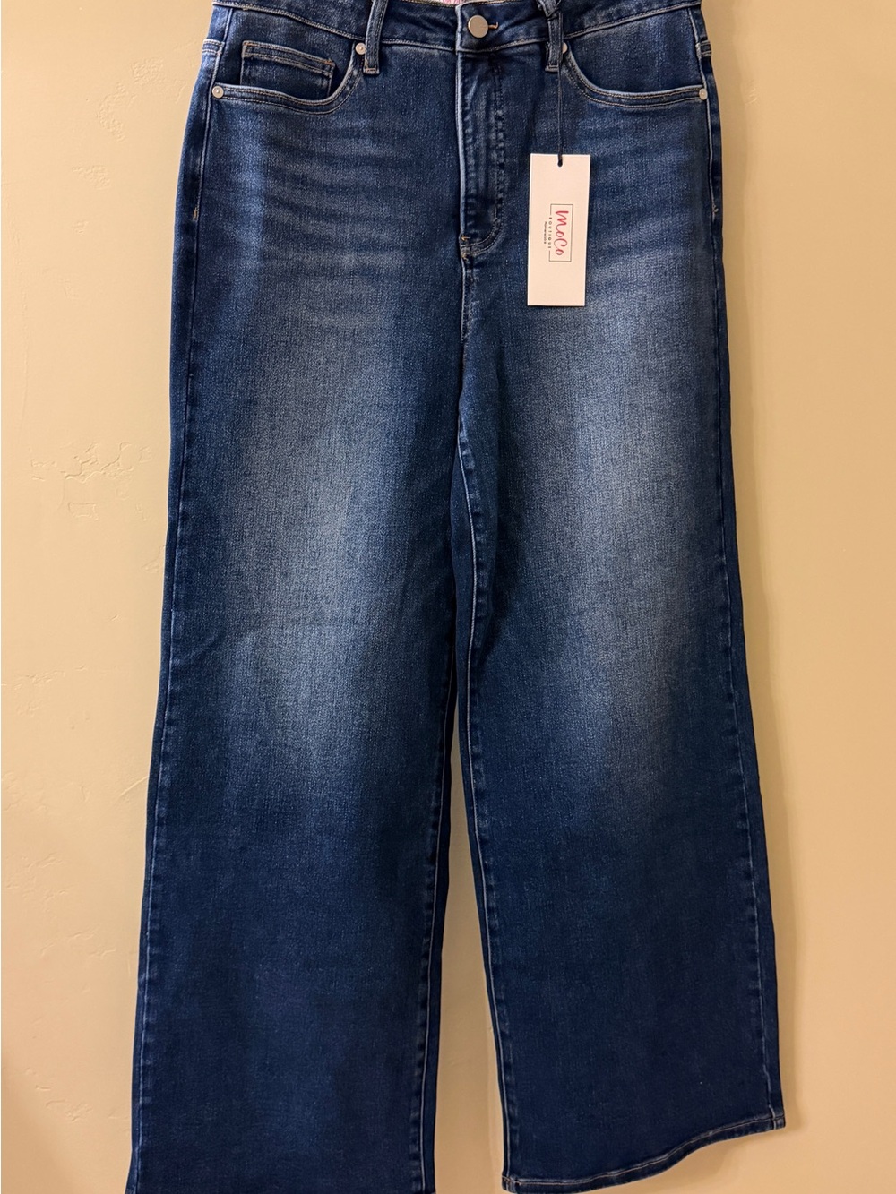 Moco Boutique Wide Leg Dark Blue Jeans with Tummy Control and Faded Finish